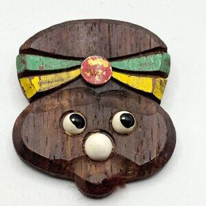 Estate vintage wood wooden face brooch pin